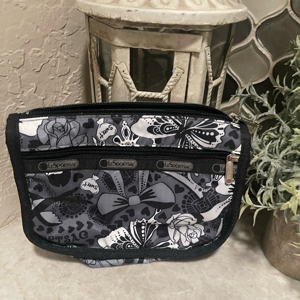 LeSportSac “Paris” pouch black gray white floral
